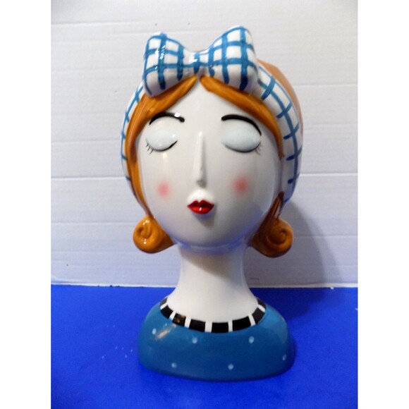 NEW Large Retro Style Lady Head Vase Figurine 1950's Style Girl Ceramic - Picture 1 of 8